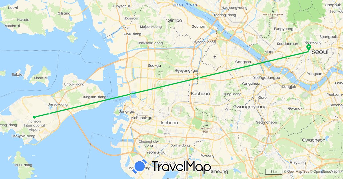 TravelMap itinerary: driving, bus in South Korea (Asia)